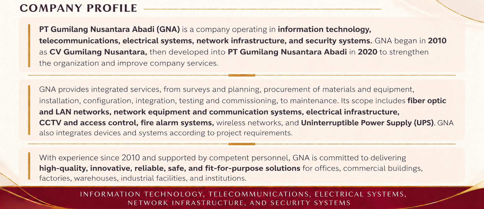 Company Profile of PT Gumilang Nusantara Abadi: company history, integrated services, project scope, commitments, and business fields.